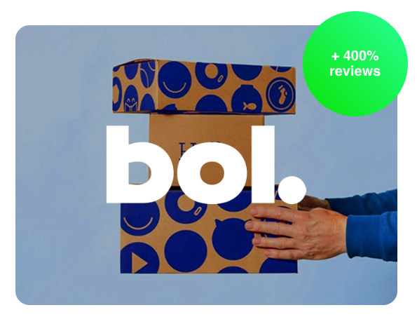 Stacked bol.com parcels with the bol. wordmark and a +400% reviews badge