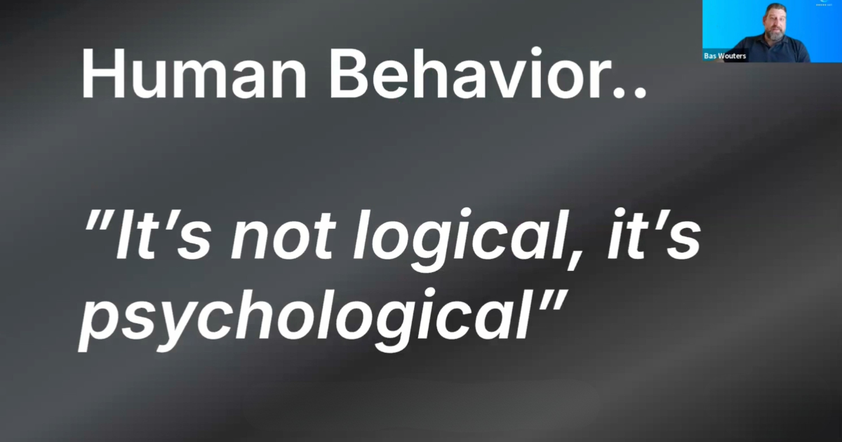 Bas Wouters presenting a masterclass slide: Human Behavior — it's not logical, it's psychological